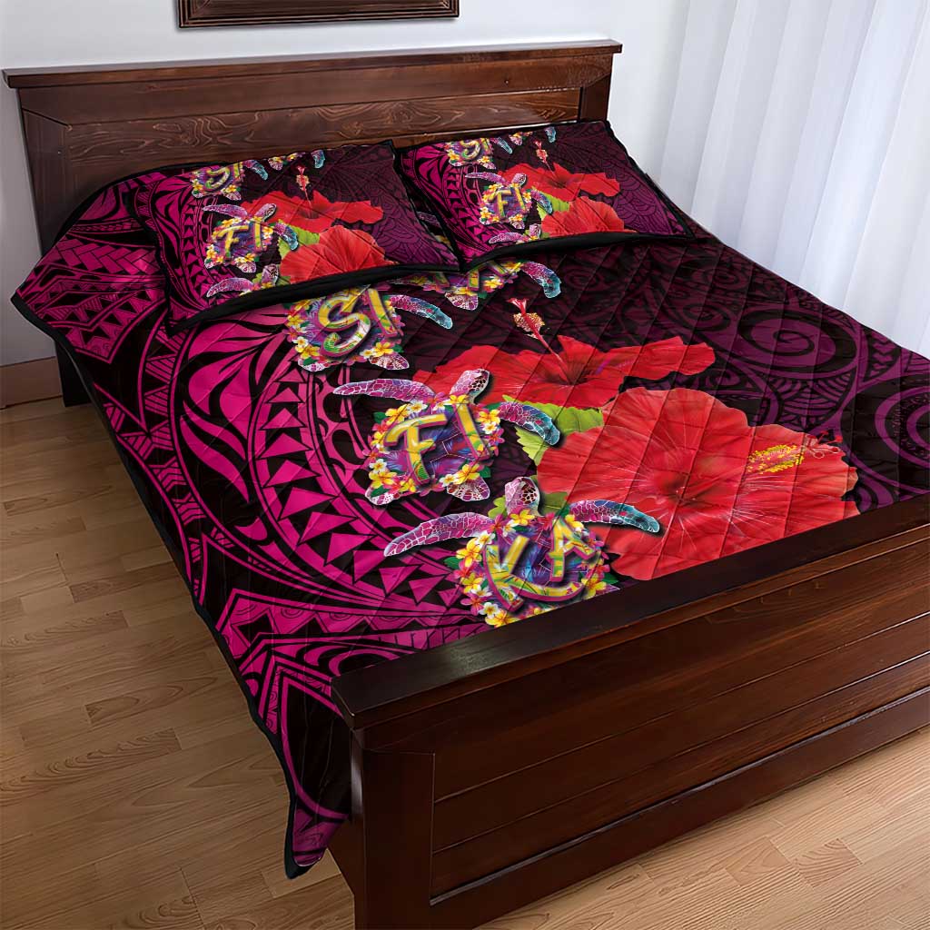 Pasifika Festival Quilt Bed Set Plumeria Turtles with Hibiscus - Polynesian Art Tattoo Pink Color LT03 - Polynesian Pride