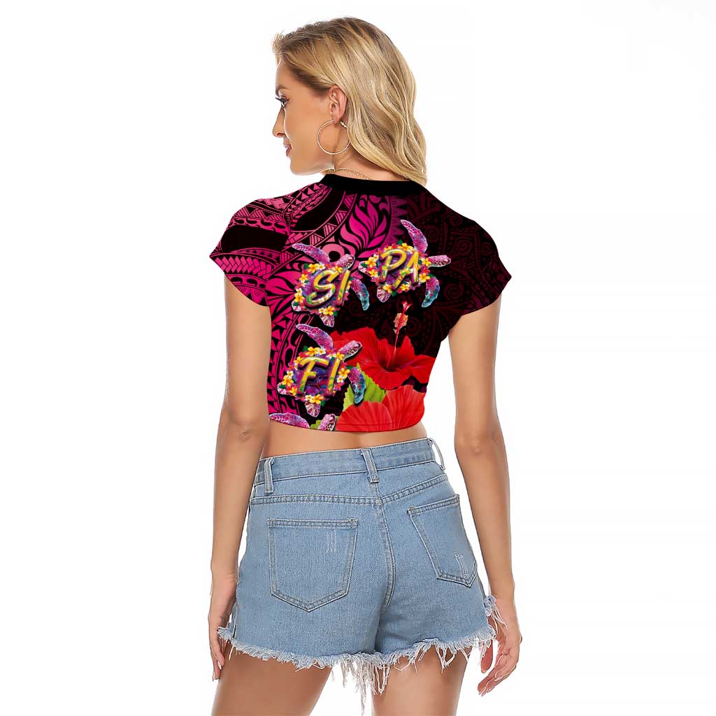 Pasifika Festival Raglan Cropped T Shirt Plumeria Turtles with Hibiscus - Polynesian Art Tattoo Pink Color LT03 - Polynesian Pride