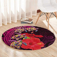 Pasifika Festival Round Carpet Plumeria Turtles with Hibiscus - Polynesian Art Tattoo Pink Color