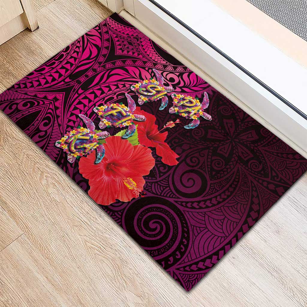 Pasifika Festival Rubber Doormat Plumeria Turtles with Hibiscus - Polynesian Art Tattoo Pink Color LT03 - Polynesian Pride