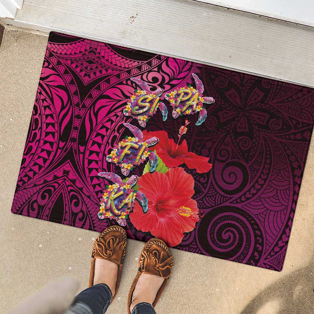 Pasifika Festival Rubber Doormat Plumeria Turtles with Hibiscus - Polynesian Art Tattoo Pink Color LT03 - Polynesian Pride