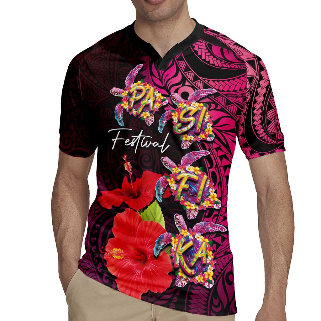 Pasifika Festival Rugby Jersey Plumeria Turtles with Hibiscus - Polynesian Art Tattoo Pink Color
