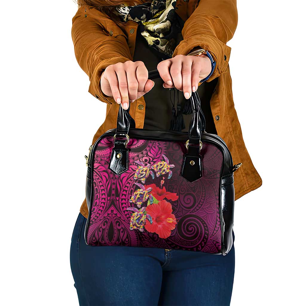 Pasifika Festival Shoulder Handbag Plumeria Turtles with Hibiscus - Polynesian Art Tattoo Pink Color