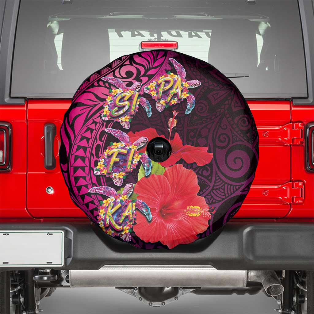 Pasifika Festival Spare Tire Cover Plumeria Turtles with Hibiscus - Polynesian Art Tattoo Pink Color LT03 - Polynesian Pride