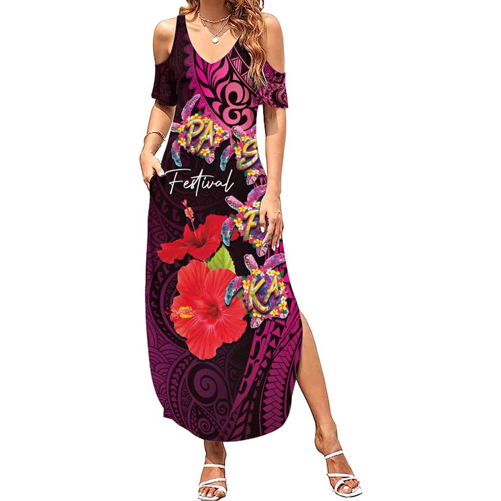 Pasifika Festival Summer Maxi Dress Plumeria Turtles with Hibiscus - Polynesian Art Tattoo Pink Color