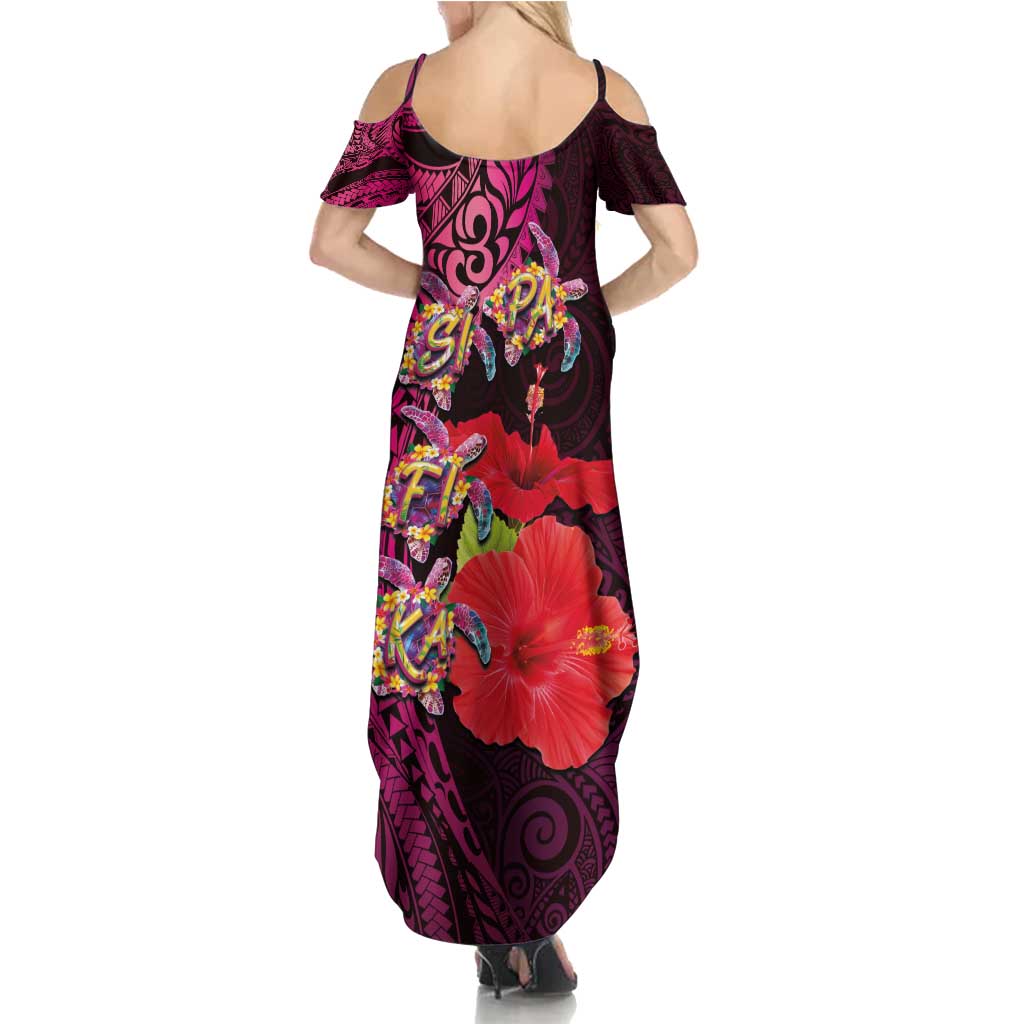 Pasifika Festival Summer Maxi Dress Plumeria Turtles with Hibiscus - Polynesian Art Tattoo Pink Color LT03 - Polynesian Pride