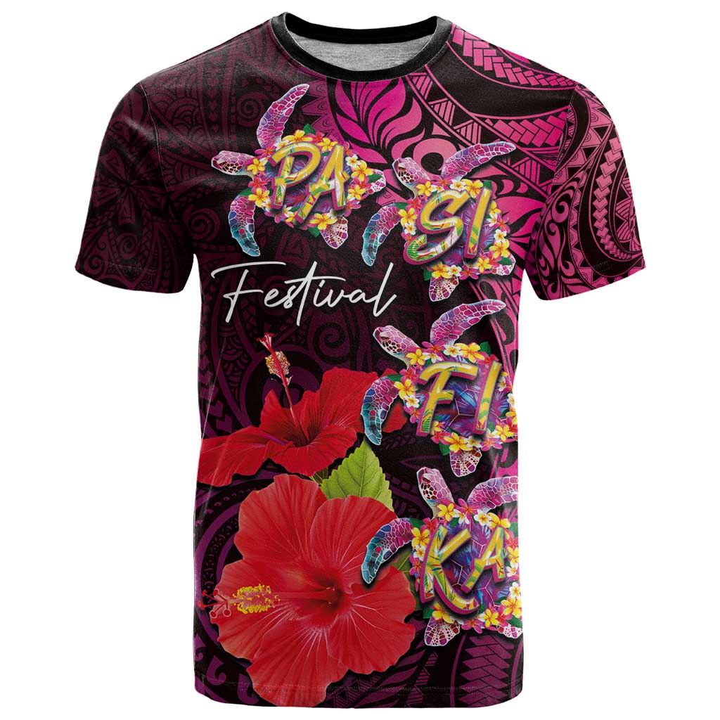 Pasifika Festival T Shirt Plumeria Turtles with Hibiscus - Polynesian Art Tattoo Pink Color
