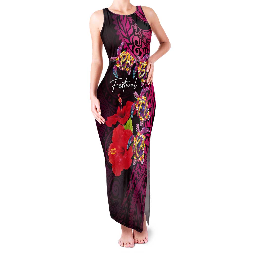 Pasifika Festival Tank Maxi Dress Plumeria Turtles with Hibiscus - Polynesian Art Tattoo Pink Color