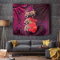 Pasifika Festival Tapestry Plumeria Turtles with Hibiscus - Polynesian Art Tattoo Pink Color