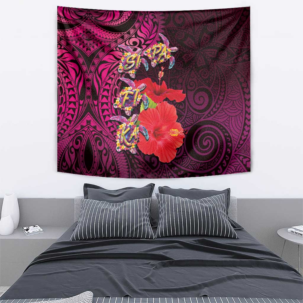 Pasifika Festival Tapestry Plumeria Turtles with Hibiscus - Polynesian Art Tattoo Pink Color