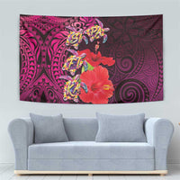 Pasifika Festival Tapestry Plumeria Turtles with Hibiscus - Polynesian Art Tattoo Pink Color