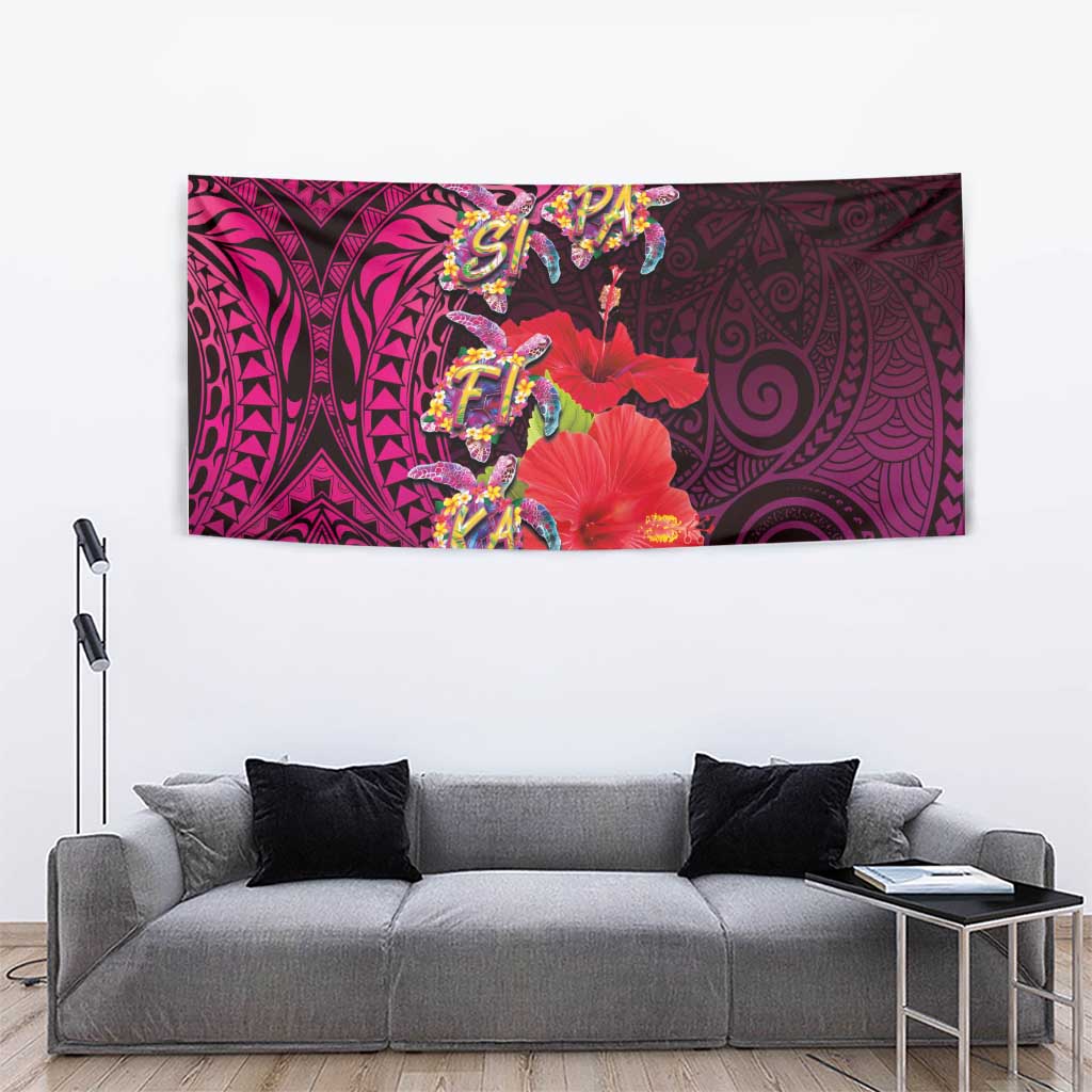 Pasifika Festival Tapestry Plumeria Turtles with Hibiscus - Polynesian Art Tattoo Pink Color