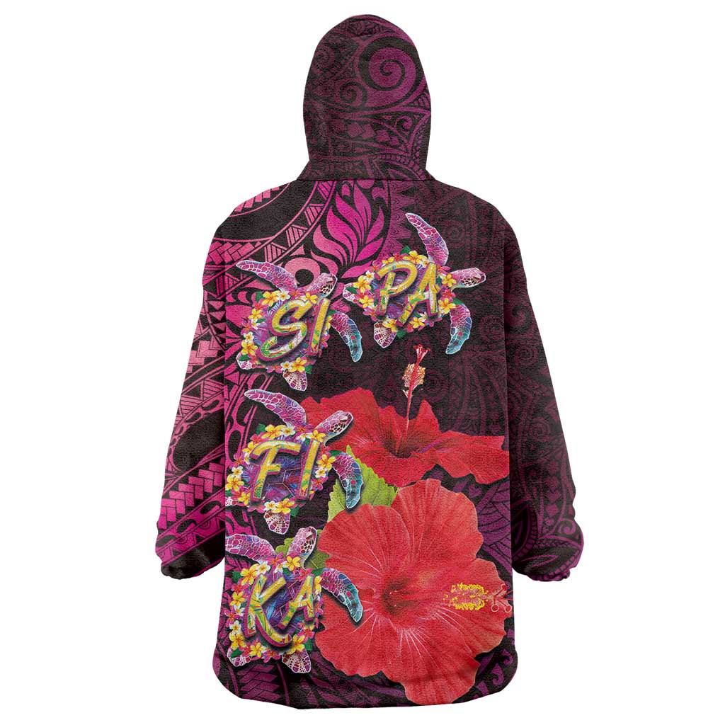 Pasifika Festival Wearable Blanket Hoodie Plumeria Turtles with Hibiscus - Polynesian Art Tattoo Pink Color