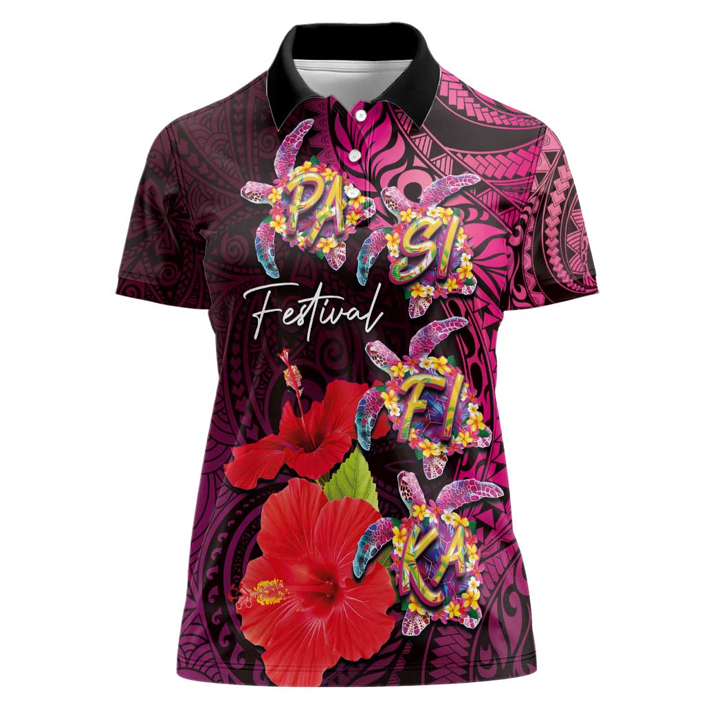 Pasifika Festival Women Polo Shirt Plumeria Turtles with Hibiscus - Polynesian Art Tattoo Pink Color