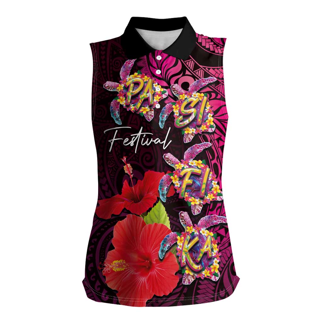 Pasifika Festival Women Sleeveless Polo Shirt Plumeria Turtles with Hibiscus - Polynesian Art Tattoo Pink Color LT03 Female Pink - Polynesian Pride