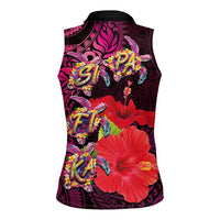 Pasifika Festival Women Sleeveless Polo Shirt Plumeria Turtles with Hibiscus - Polynesian Art Tattoo Pink Color LT03 - Polynesian Pride