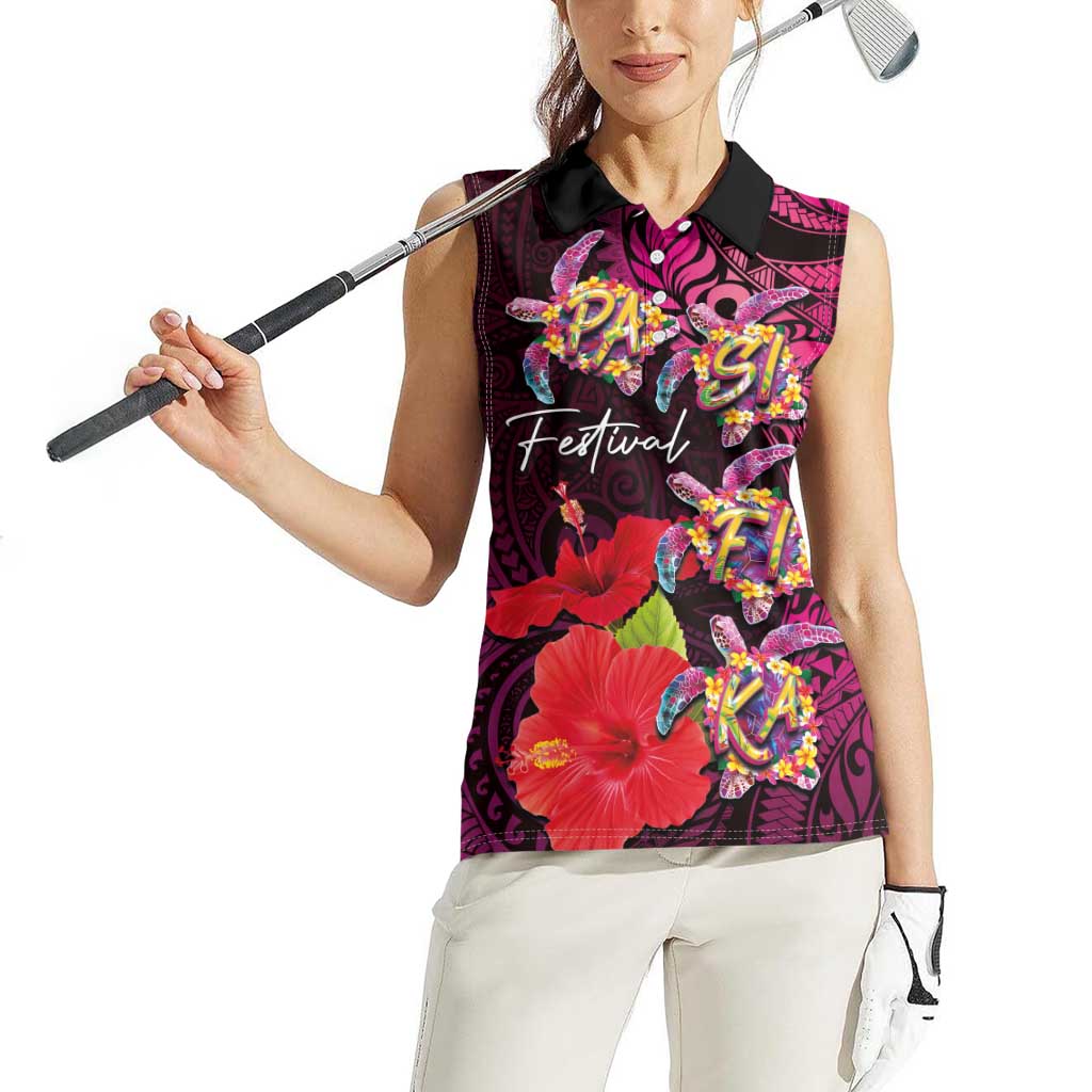 Pasifika Festival Women Sleeveless Polo Shirt Plumeria Turtles with Hibiscus - Polynesian Art Tattoo Pink Color LT03 - Polynesian Pride