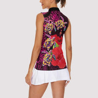 Pasifika Festival Women Sleeveless Polo Shirt Plumeria Turtles with Hibiscus - Polynesian Art Tattoo Pink Color LT03 - Polynesian Pride