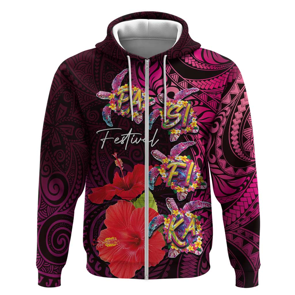 Pasifika Festival Zip Hoodie Plumeria Turtles with Hibiscus - Polynesian Art Tattoo Pink Color LT03 Zip Hoodie Pink - Polynesian Pride