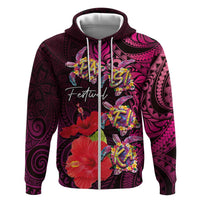 Pasifika Festival Zip Hoodie Plumeria Turtles with Hibiscus - Polynesian Art Tattoo Pink Color LT03 Zip Hoodie Pink - Polynesian Pride