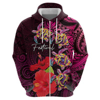 Pasifika Festival Zip Hoodie Plumeria Turtles with Hibiscus - Polynesian Art Tattoo Pink Color LT03 - Polynesian Pride