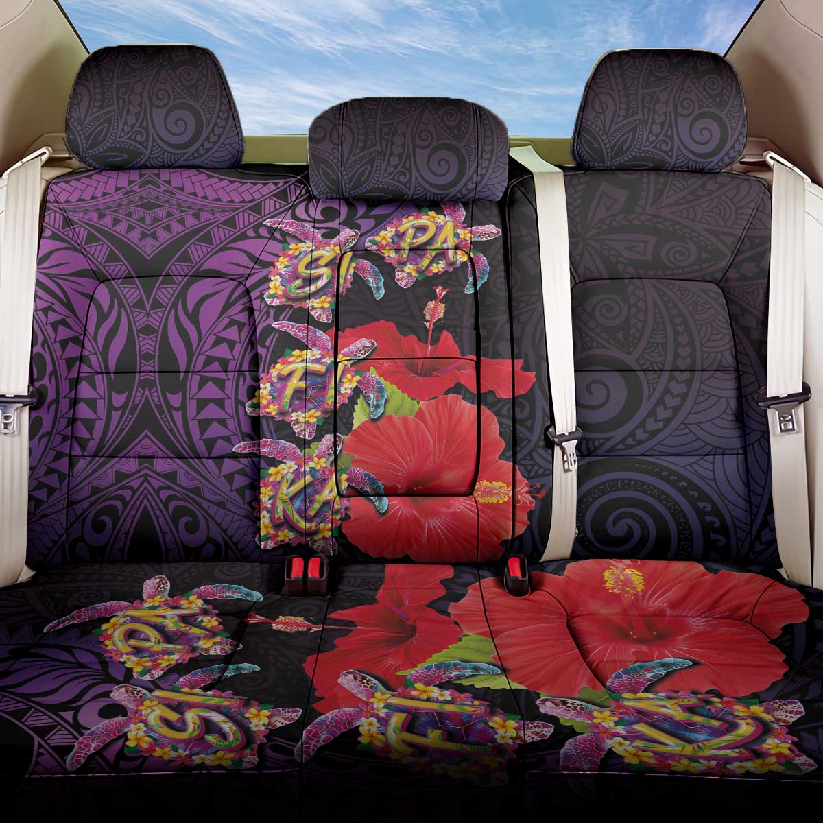 Pasifika Festival Back Car Seat Cover Plumeria Turtles with Hibiscus - Polynesian Art Tattoo Purple Color