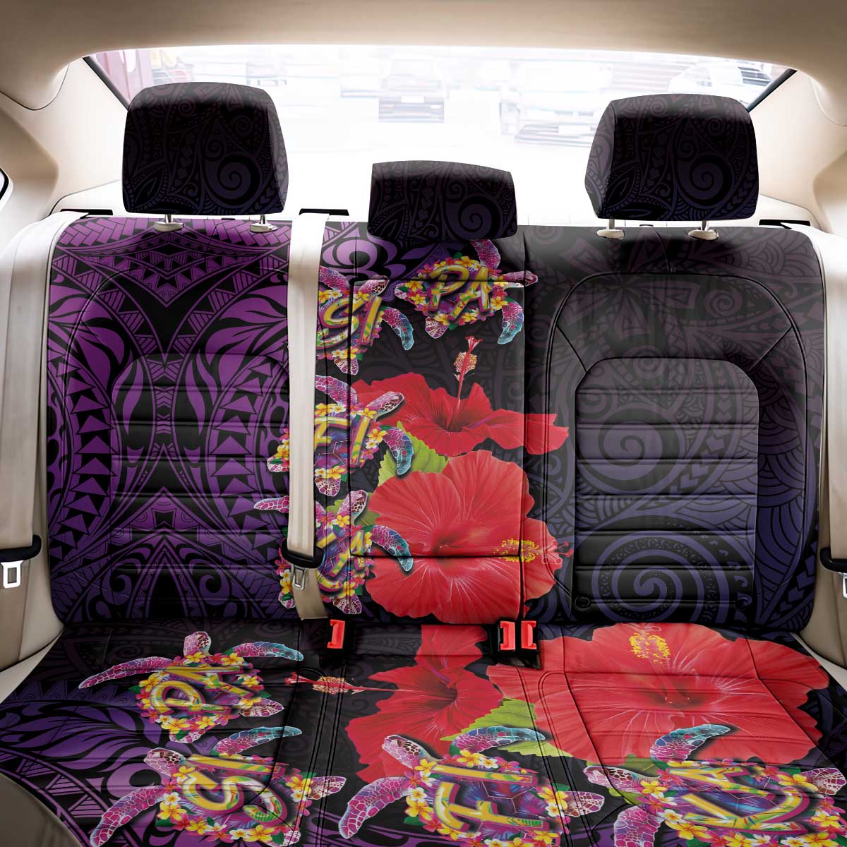 Pasifika Festival Back Car Seat Cover Plumeria Turtles with Hibiscus - Polynesian Art Tattoo Purple Color