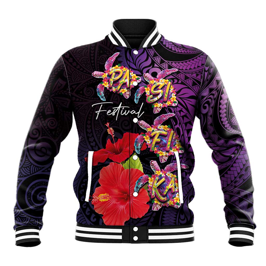 Pasifika Festival Baseball Jacket Plumeria Turtles with Hibiscus - Polynesian Art Tattoo Purple Color