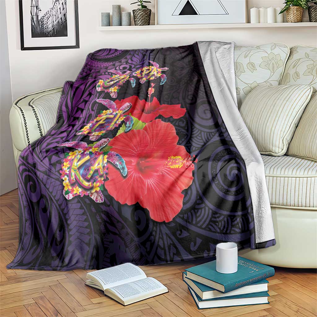 Pasifika Festival Blanket Plumeria Turtles with Hibiscus - Polynesian Art Tattoo Purple Color