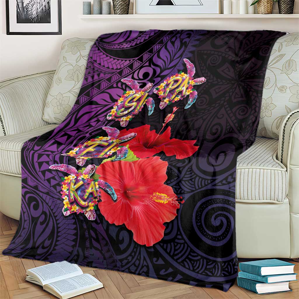 Pasifika Festival Blanket Plumeria Turtles with Hibiscus - Polynesian Art Tattoo Purple Color