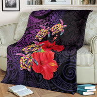 Pasifika Festival Blanket Plumeria Turtles with Hibiscus - Polynesian Art Tattoo Purple Color