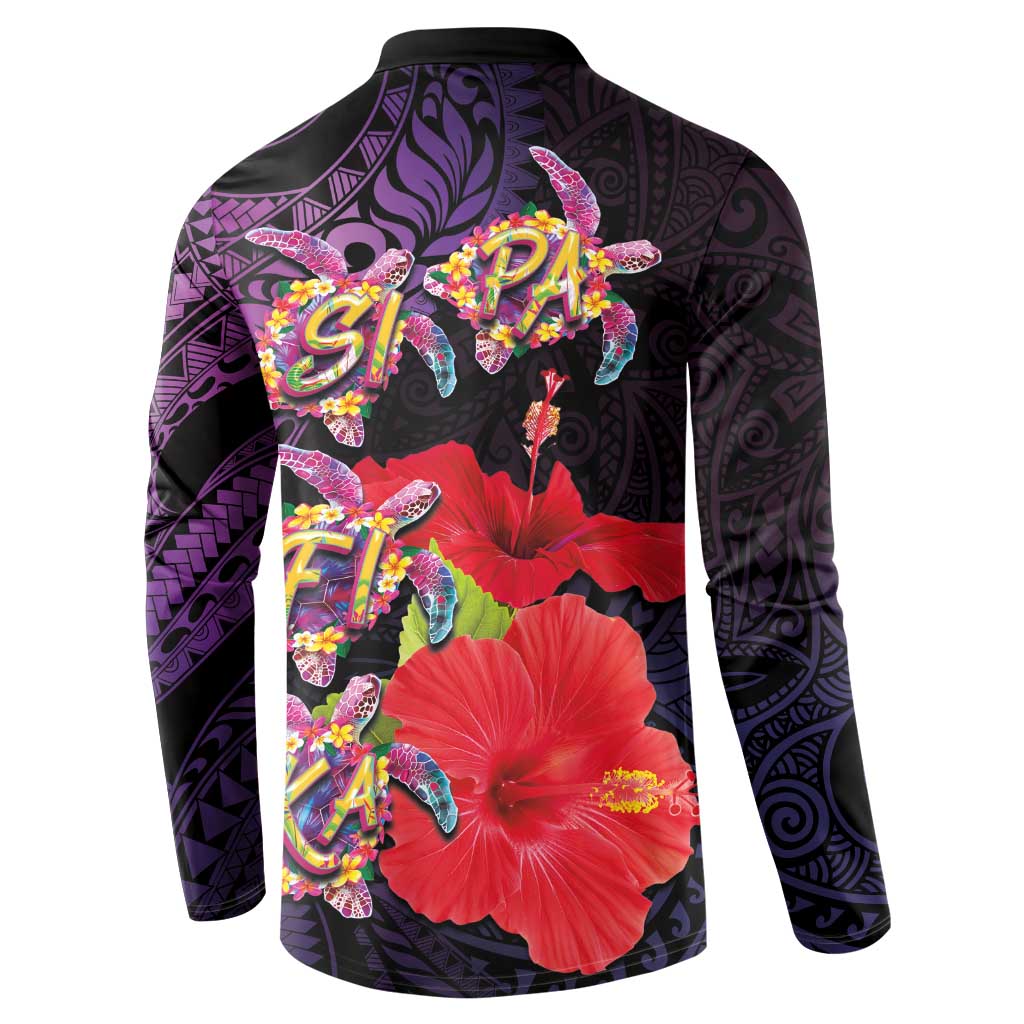 Pasifika Festival Button Sweatshirt Plumeria Turtles with Hibiscus - Polynesian Art Tattoo Purple Color