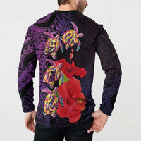 Pasifika Festival Button Sweatshirt Plumeria Turtles with Hibiscus - Polynesian Art Tattoo Purple Color