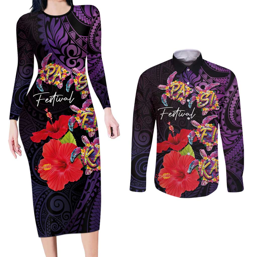 Pasifika Festival Couples Matching Long Sleeve Bodycon Dress and Long Sleeve Button Shirt Plumeria Turtles with Hibiscus - Polynesian Art Tattoo Purple Color