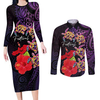 Pasifika Festival Couples Matching Long Sleeve Bodycon Dress and Long Sleeve Button Shirt Plumeria Turtles with Hibiscus - Polynesian Art Tattoo Purple Color