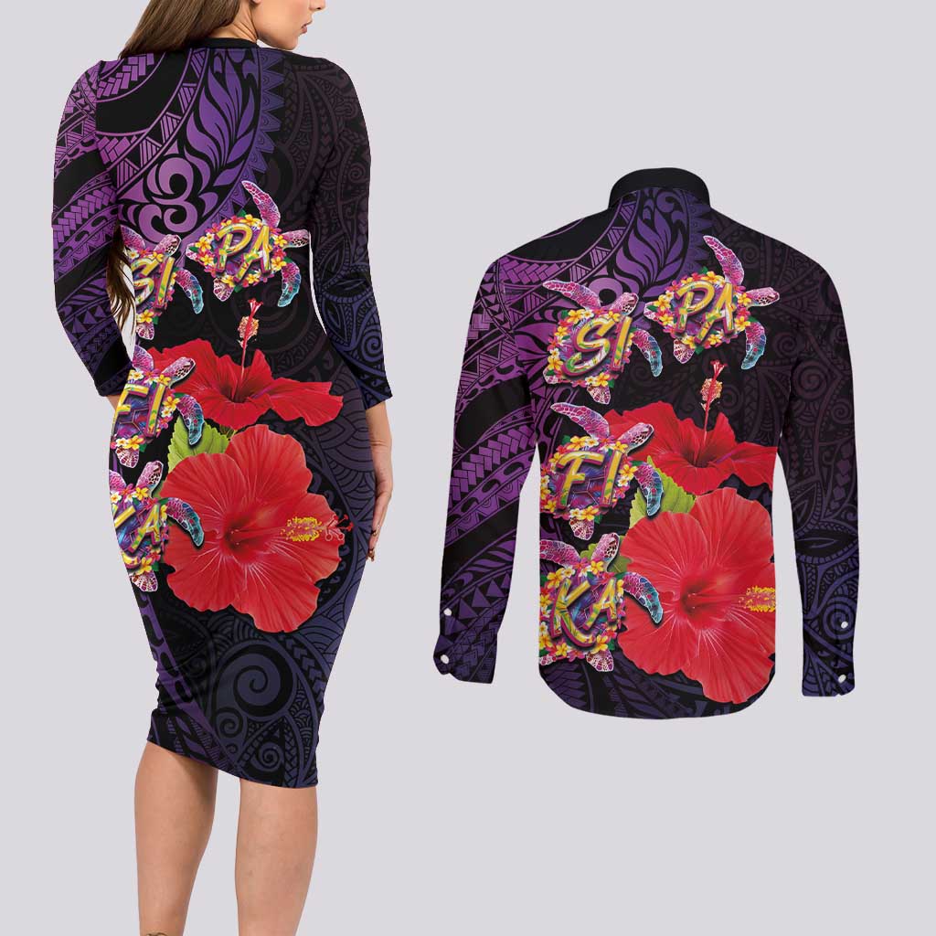 Pasifika Festival Couples Matching Long Sleeve Bodycon Dress and Long Sleeve Button Shirt Plumeria Turtles with Hibiscus - Polynesian Art Tattoo Purple Color