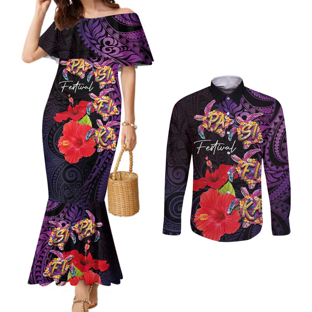 Pasifika Festival Couples Matching Mermaid Dress and Long Sleeve Button Shirt Plumeria Turtles with Hibiscus - Polynesian Art Tattoo Purple Color