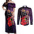Pasifika Festival Couples Matching Off Shoulder Maxi Dress and Long Sleeve Button Shirt Plumeria Turtles with Hibiscus - Polynesian Art Tattoo Purple Color
