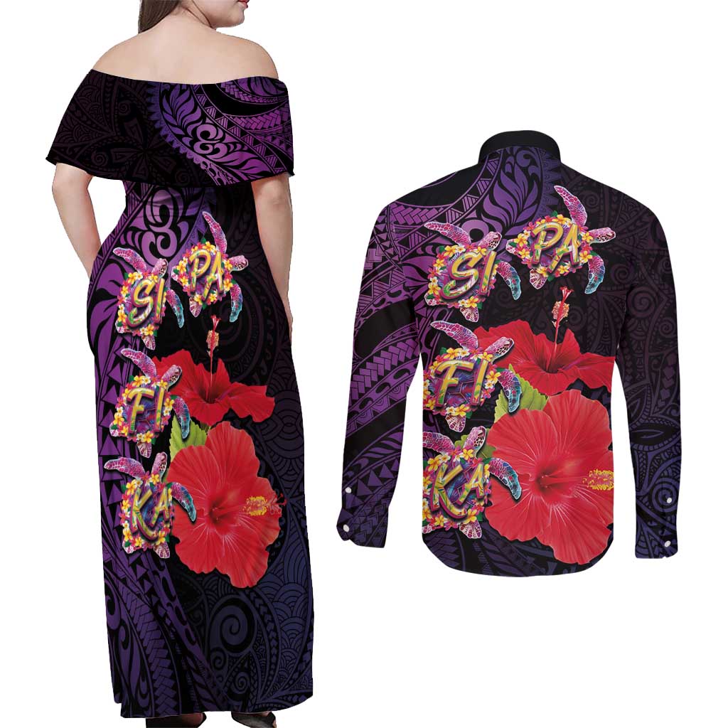 Pasifika Festival Couples Matching Off Shoulder Maxi Dress and Long Sleeve Button Shirt Plumeria Turtles with Hibiscus - Polynesian Art Tattoo Purple Color