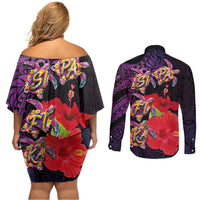 Pasifika Festival Couples Matching Off Shoulder Short Dress and Long Sleeve Button Shirt Plumeria Turtles with Hibiscus - Polynesian Art Tattoo Purple Color