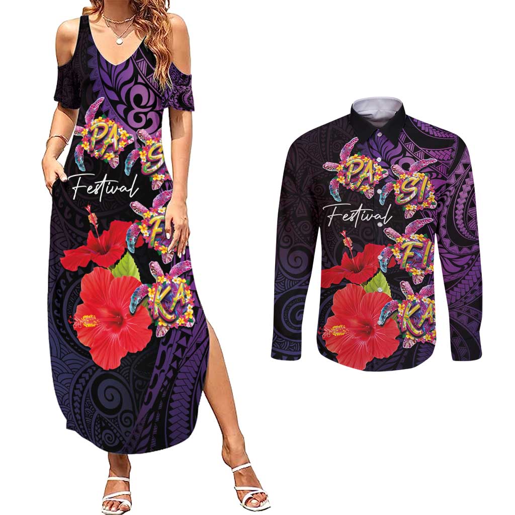 Pasifika Festival Couples Matching Summer Maxi Dress and Long Sleeve Button Shirt Plumeria Turtles with Hibiscus - Polynesian Art Tattoo Purple Color
