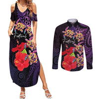 Pasifika Festival Couples Matching Summer Maxi Dress and Long Sleeve Button Shirt Plumeria Turtles with Hibiscus - Polynesian Art Tattoo Purple Color