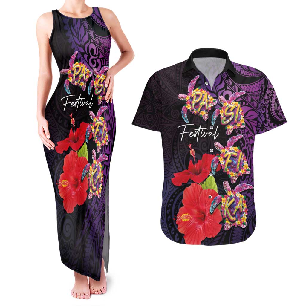 Pasifika Festival Couples Matching Tank Maxi Dress and Hawaiian Shirt Plumeria Turtles with Hibiscus - Polynesian Art Tattoo Purple Color