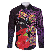 Pasifika Festival Family Matching Long Sleeve Bodycon Dress and Hawaiian Shirt Plumeria Turtles with Hibiscus - Polynesian Art Tattoo Purple Color