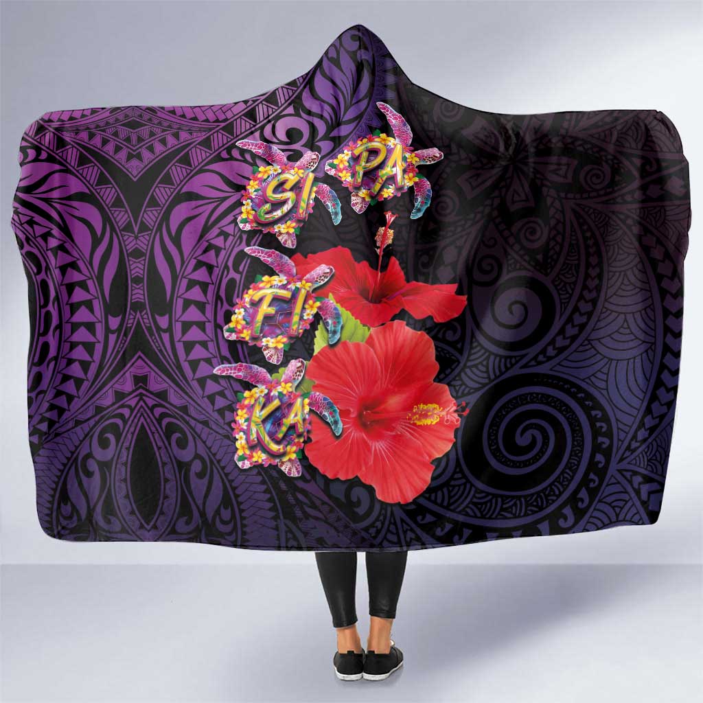 Pasifika Festival Hooded Blanket Plumeria Turtles with Hibiscus - Polynesian Art Tattoo Purple Color