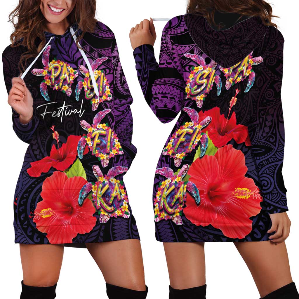 Pasifika Festival Hoodie Dress Plumeria Turtles with Hibiscus - Polynesian Art Tattoo Purple Color