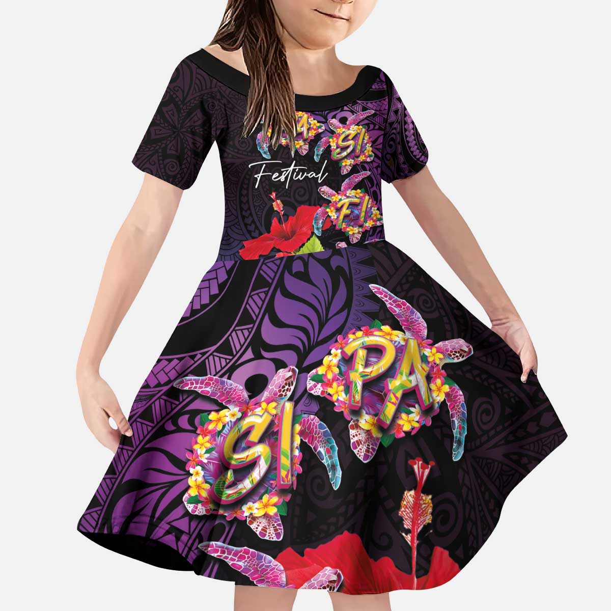 Pasifika Festival Kid Short Sleeve Dress Plumeria Turtles with Hibiscus - Polynesian Art Tattoo Purple Color