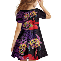 Pasifika Festival Kid Short Sleeve Dress Plumeria Turtles with Hibiscus - Polynesian Art Tattoo Purple Color LT03 - Polynesian Pride