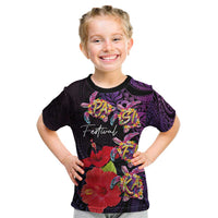 Pasifika Festival Kid T Shirt Plumeria Turtles with Hibiscus - Polynesian Art Tattoo Purple Color