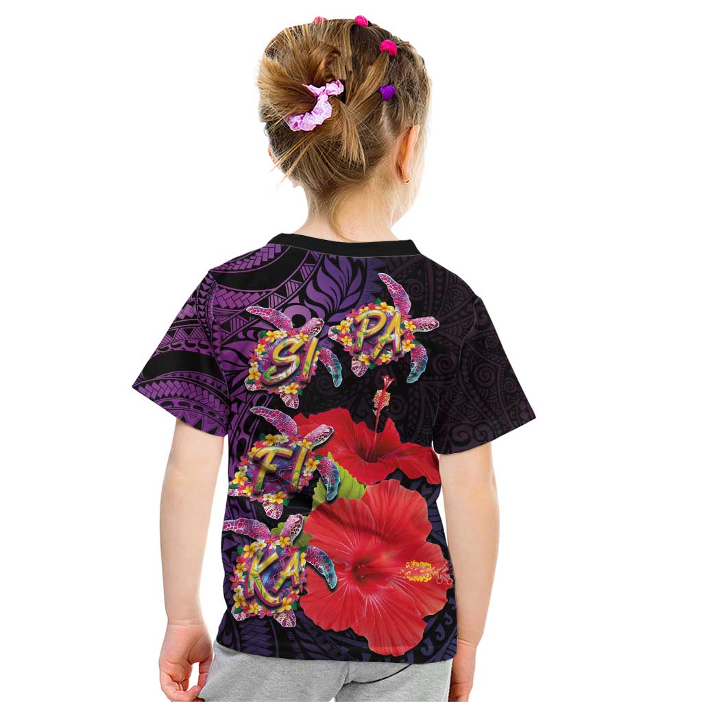 Pasifika Festival Kid T Shirt Plumeria Turtles with Hibiscus - Polynesian Art Tattoo Purple Color